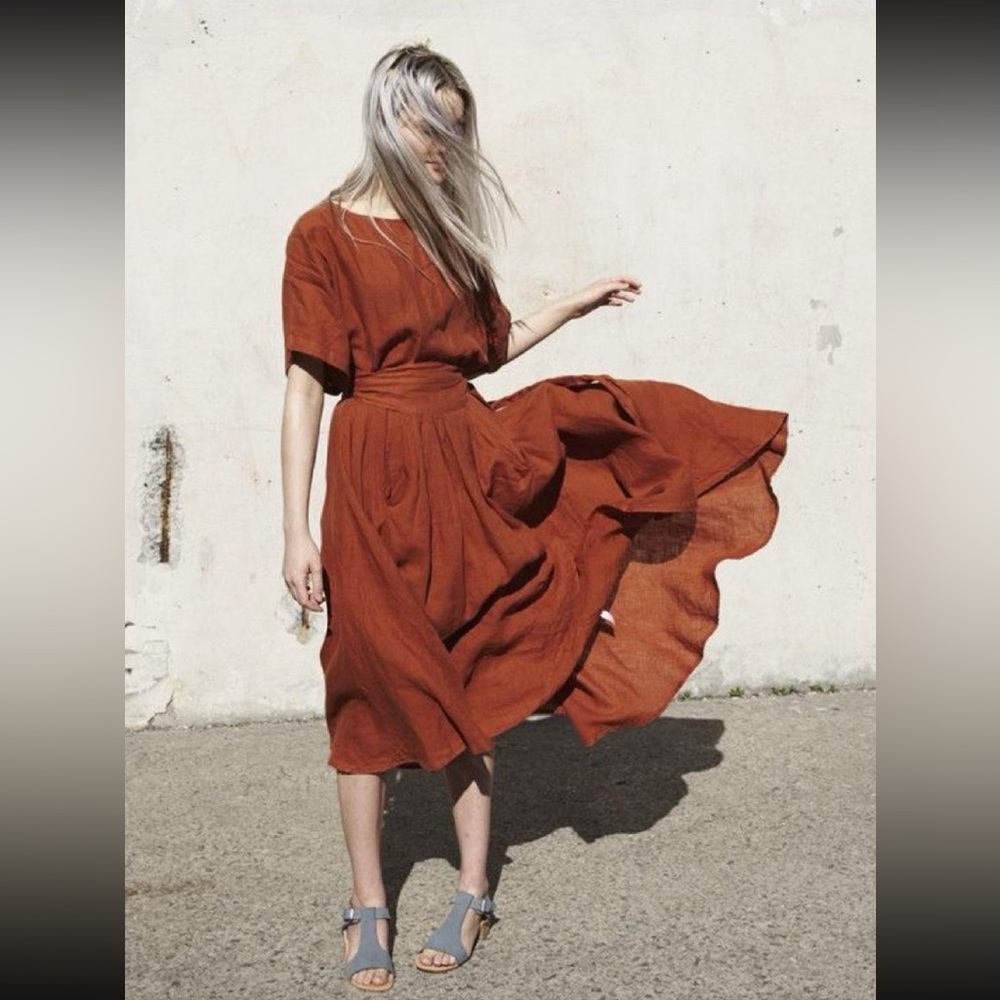 Black crane linen wrap skirt rust copper brown size xs